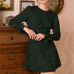 The Black Round Neck Polka Dot Mini Dress